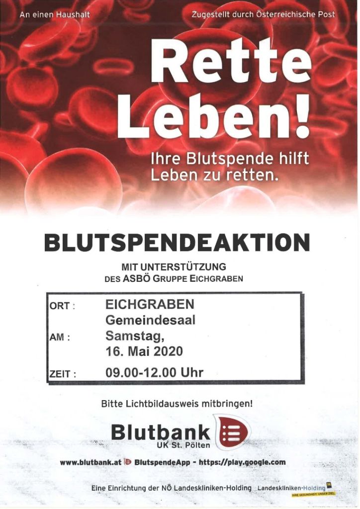 Plakat Blutspenden 16. Mai 2020