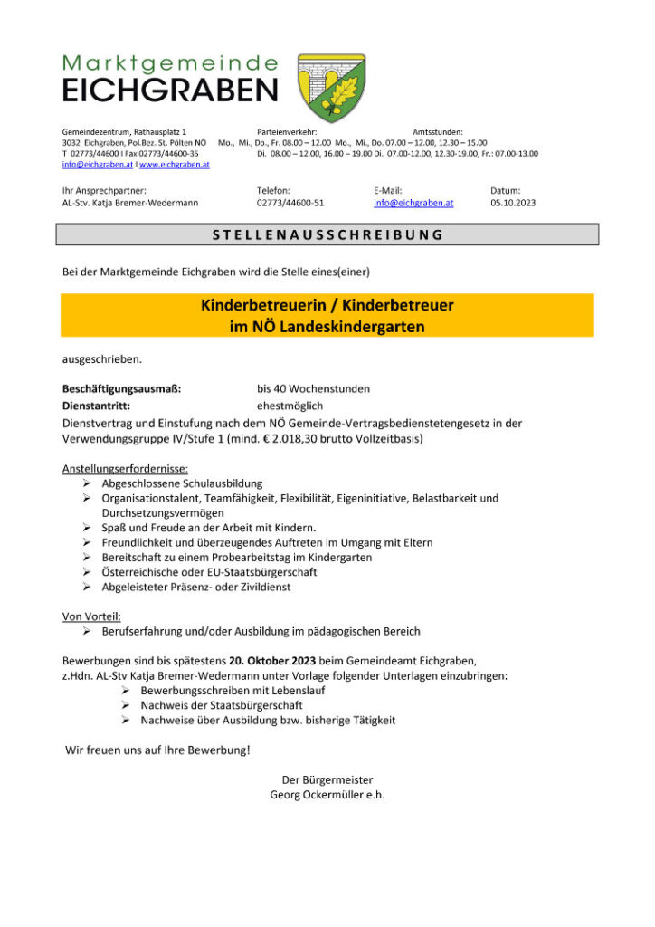Stellenausschreibung_Kindergartenbetreuung Herbst 2023