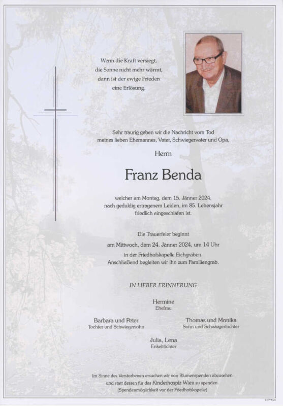 Trauer um Franz Benda Marktgemeinde Eichgraben